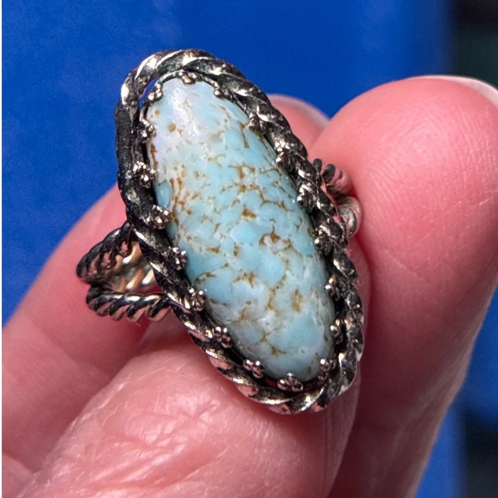 Vintage Silver Tone Oval Turquoise Adjustable Ring Rope Twist Design W‎ Germany
